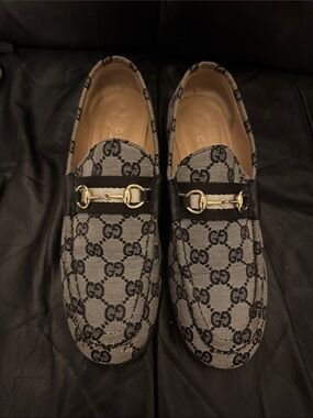 Gucci Gray & Black GG Canvas Horsebit Loafers